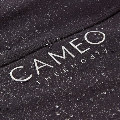 Water-repellent black fabric with white lettering on Cameo ThermoDry Riding Tight for outdoors