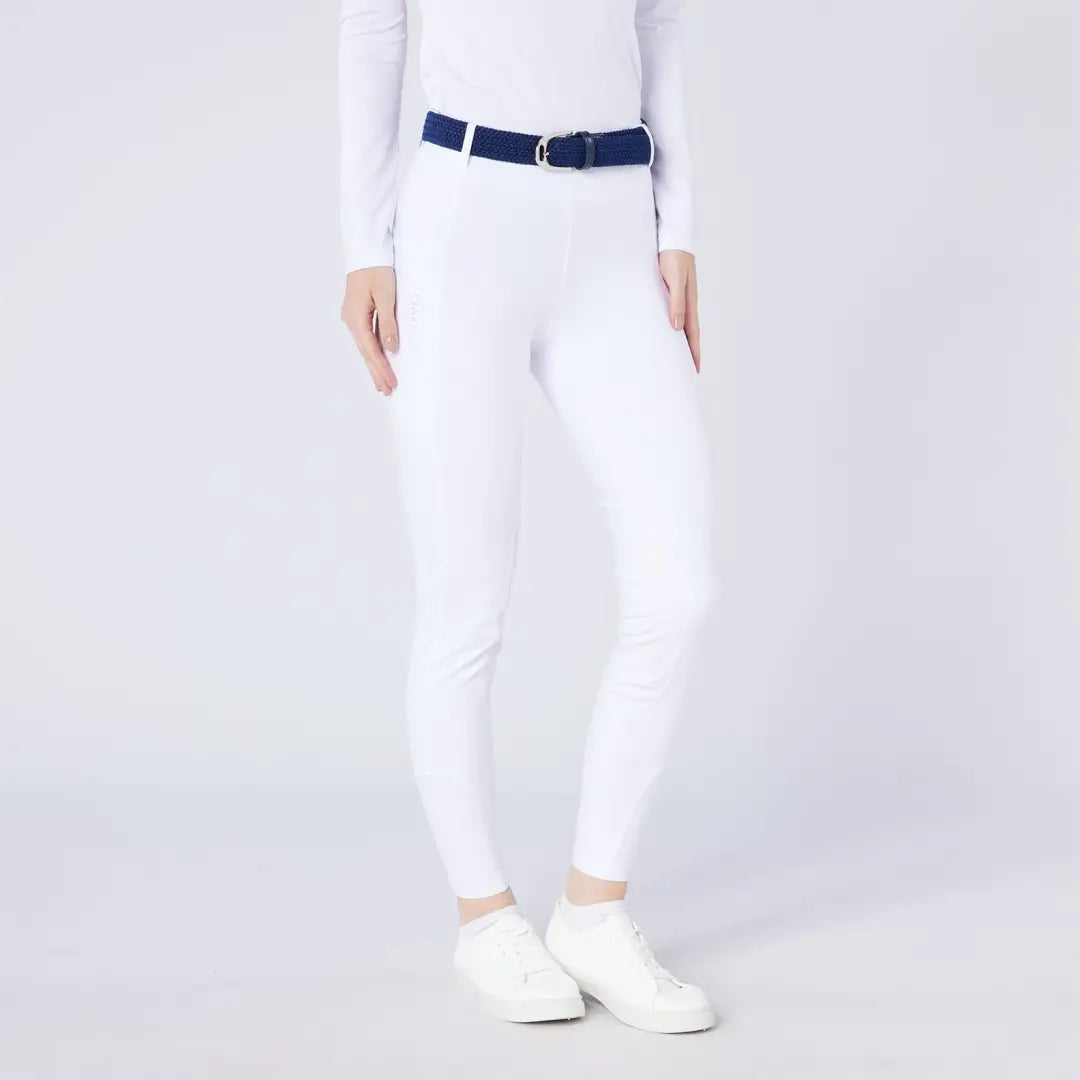 Women’s white fitted pants with navy belt from Cameo ThermoDry Riding Tight for country outdoors