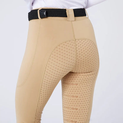 Beige equestrian riding breeches with full seat grip and black belt for country clothing outdoors