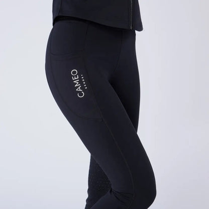Black Cameo ThermoDry riding tight with white CAMEO EQUESTRIAN logo, perfect for country clothing outdoors