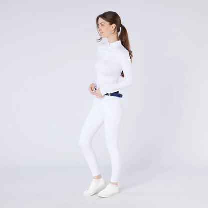 Women’s white athletic top and pants with dark blue belt for country clothing and outdoors