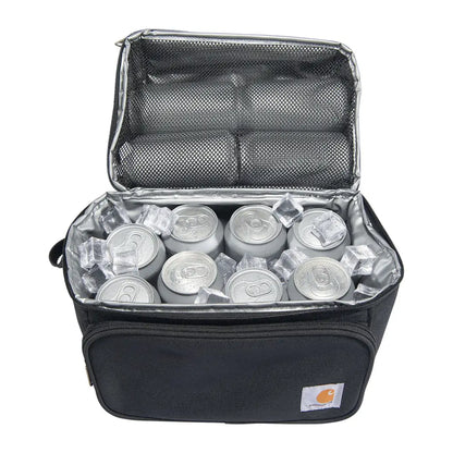 Black Carhartt 12 Can Cooler Bag with cans and ice for outdoor country clothing and hunting