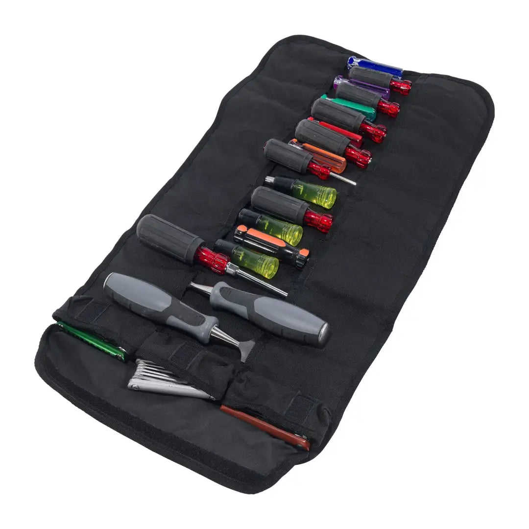 Black Carhartt 18-pocket utility roll with organized screwdrivers