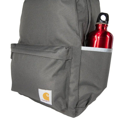 Gray Carhartt 21L Classic Laptop Backpack with red water bottle for outdoors and country clothing fans