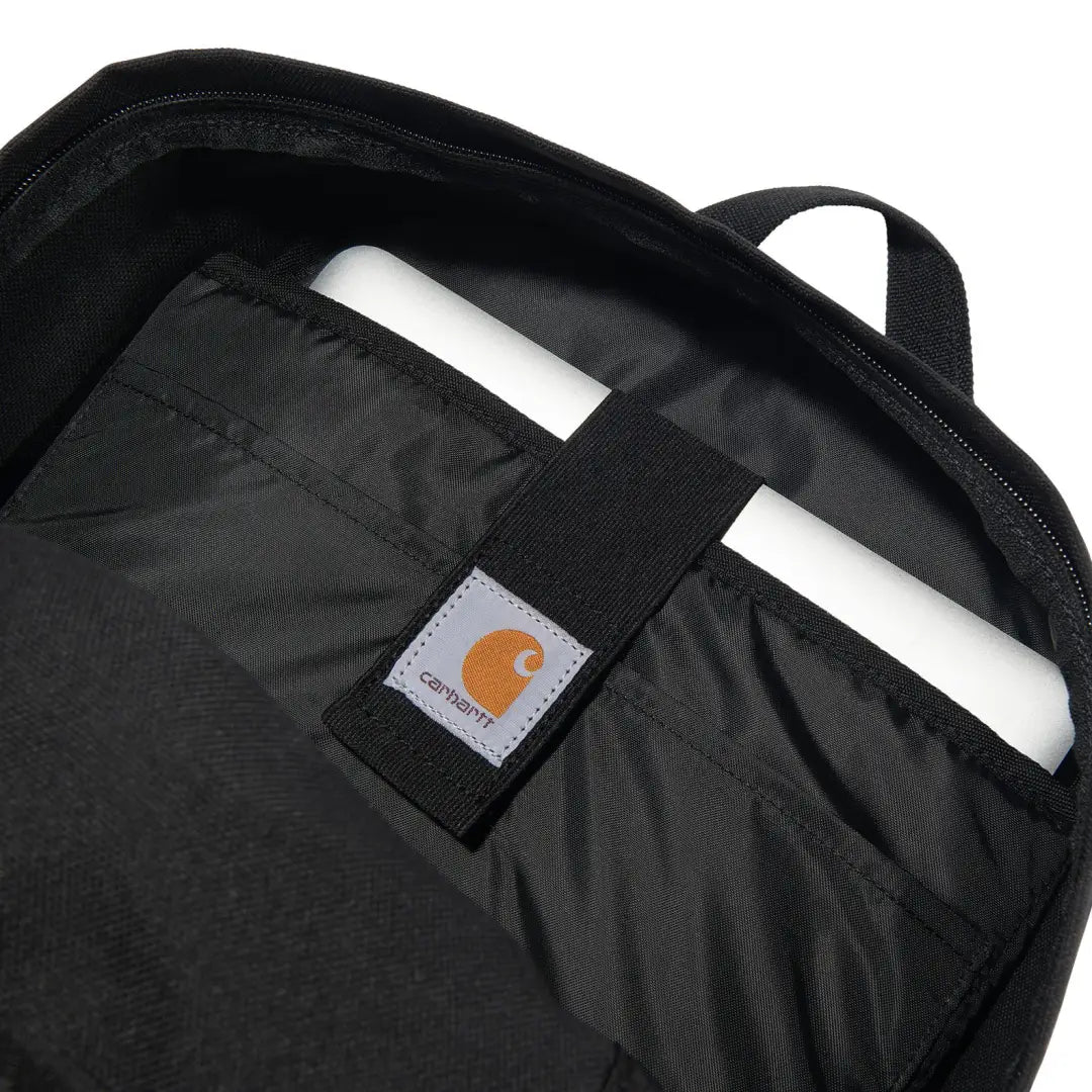 Black Carhartt 27L backpack with white logo and strap