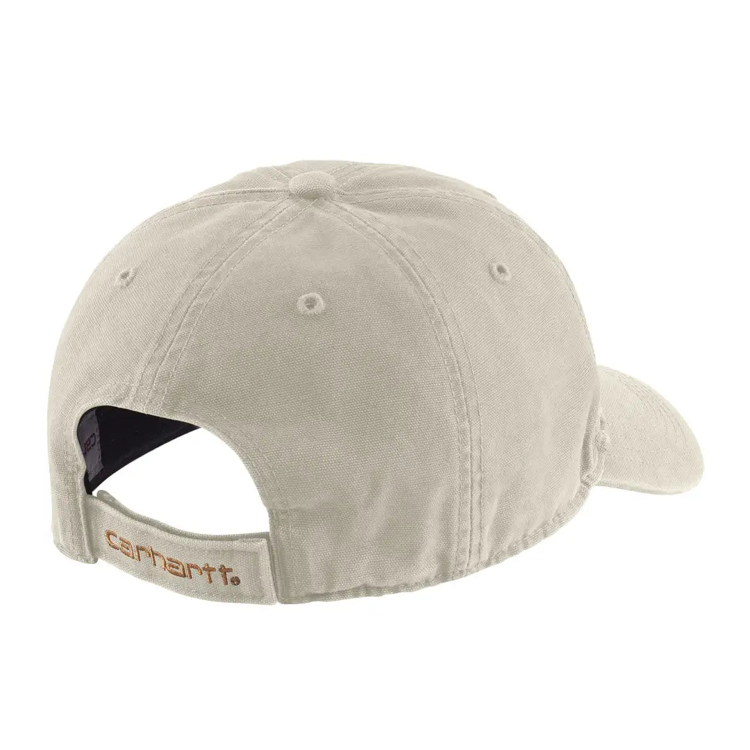 Beige Carhartt canvas cap with stitched logo on adjustable strap