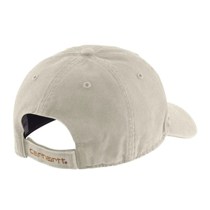 Beige Carhartt canvas cap with stitched logo on adjustable strap