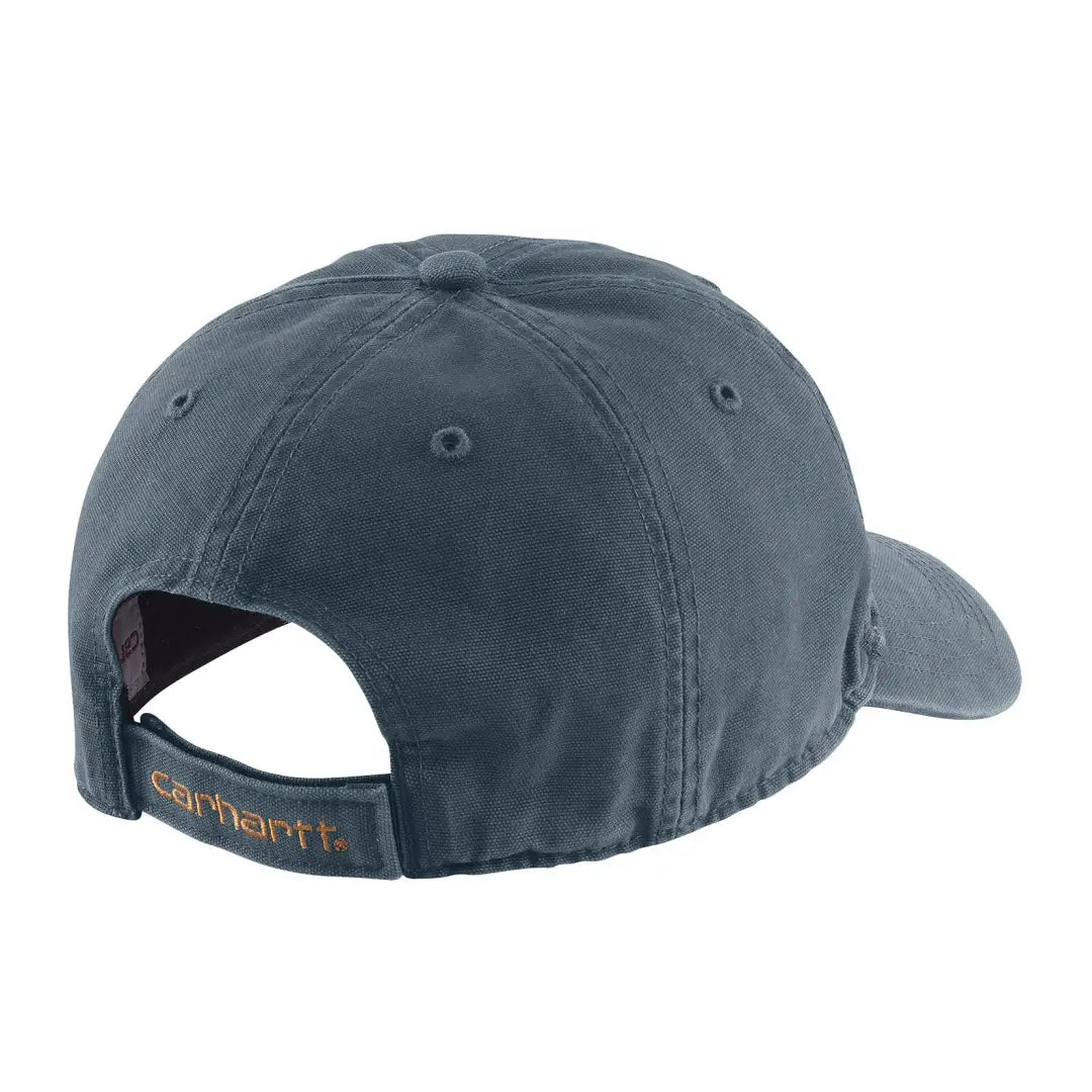 Dark gray Carhartt canvas cap with orange logo and stitched brim