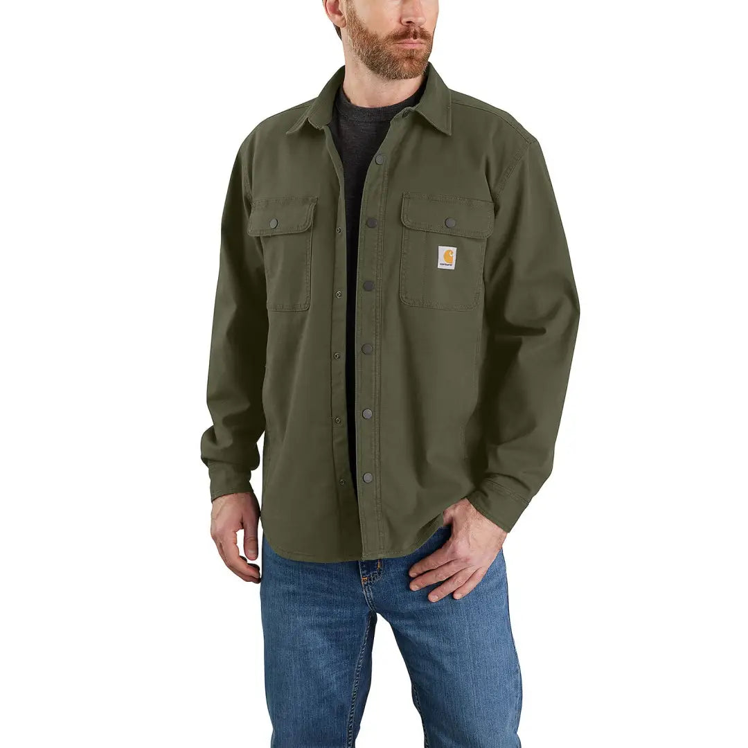 Olive green Carhartt Canvas Fleece Lined Shirt Jacket showcasing fleece lined shirt style