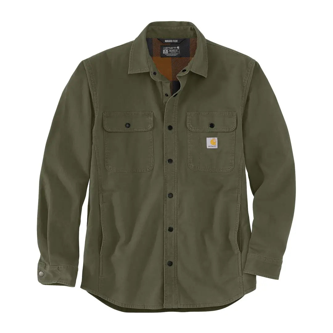 Olive green Carhartt canvas fleece lined shirt jacket for men called Carhartt Canvas Fleece