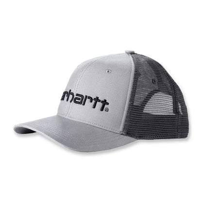 Gray Carhartt canvas logo graphic cap with black embroidered mesh back