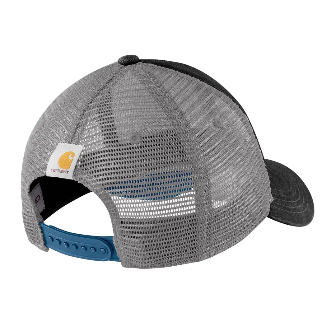 Gray and black Carhartt canvas mesh-back logo graphic cap with blue strap