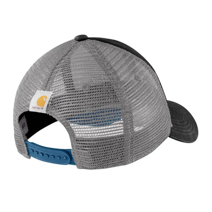 Gray and black Carhartt canvas mesh-back logo graphic cap with blue strap