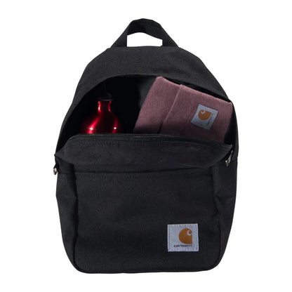 Carhartt Classic Mini Backpack with black design, red water bottle, pink towel
