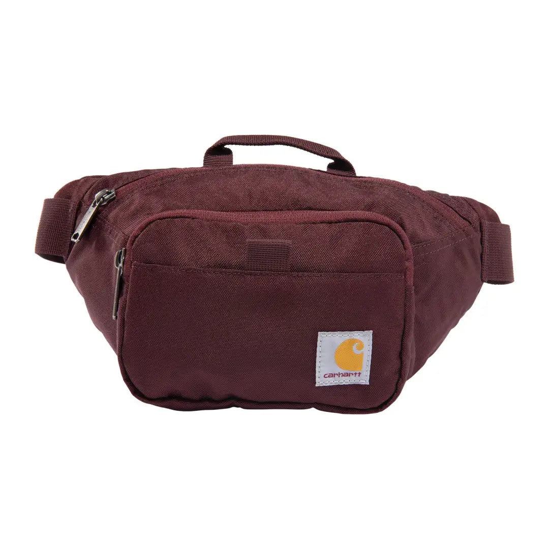 Maroon Carhartt classic waist pack with textured fabric and orange logo