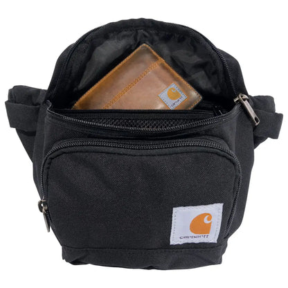 Black Carhartt Classic Waist Pack with brown leather wallet inside