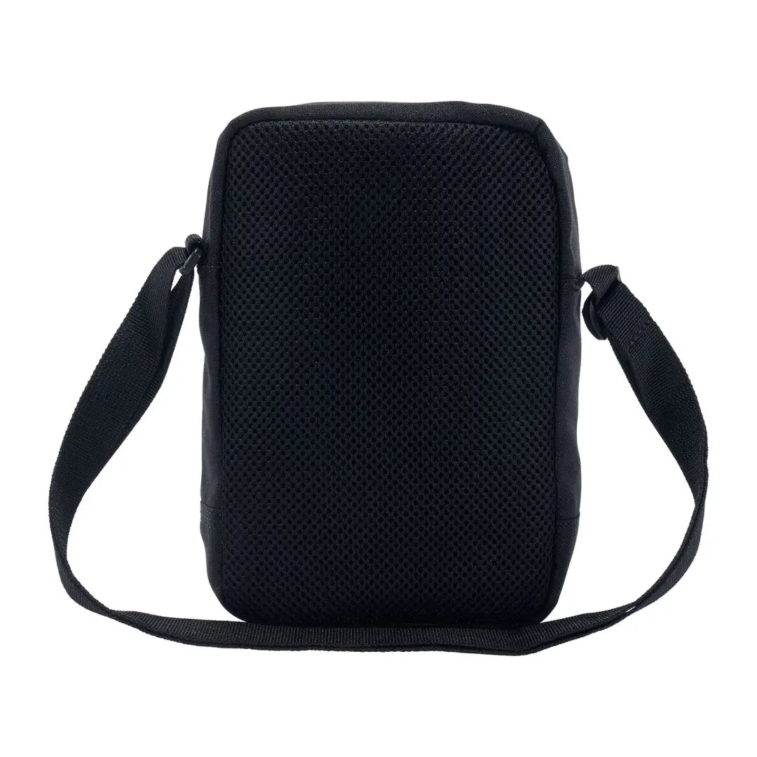 Black Carhartt crossbody zip bag with mesh texture and adjustable strap