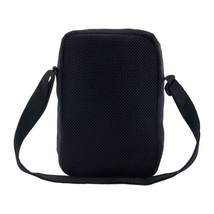 Black Carhartt crossbody zip bag with mesh texture and adjustable strap