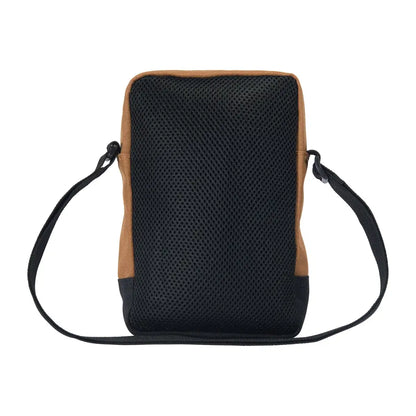 Black Carhartt crossbody zip bag in mesh with tan accents and strap