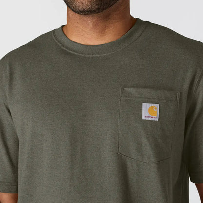 Olive green Carhartt Dearborn t-shirt with yellow logo pocket for outdoors