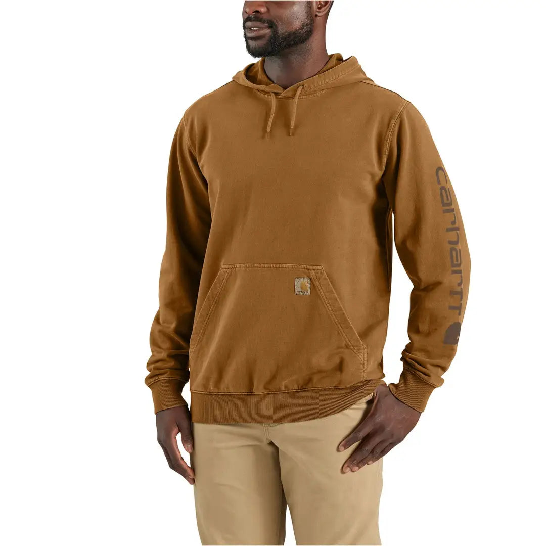 Tan Carhartt Durham hoodie with front pocket, logo sleeve, country clothing vibe
