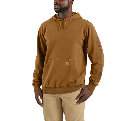 Tan Carhartt Durham hoodie with front pocket, logo sleeve, country clothing vibe