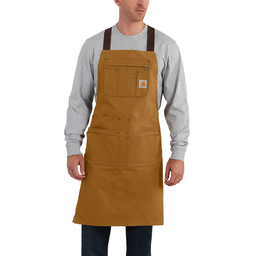 Brown Carhartt apron perfect for country clothing, hunting, and outdoor work