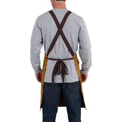 Brown canvas apron with cross-back straps from Carhartt Firm Duck for country clothing and outdoors rugged use