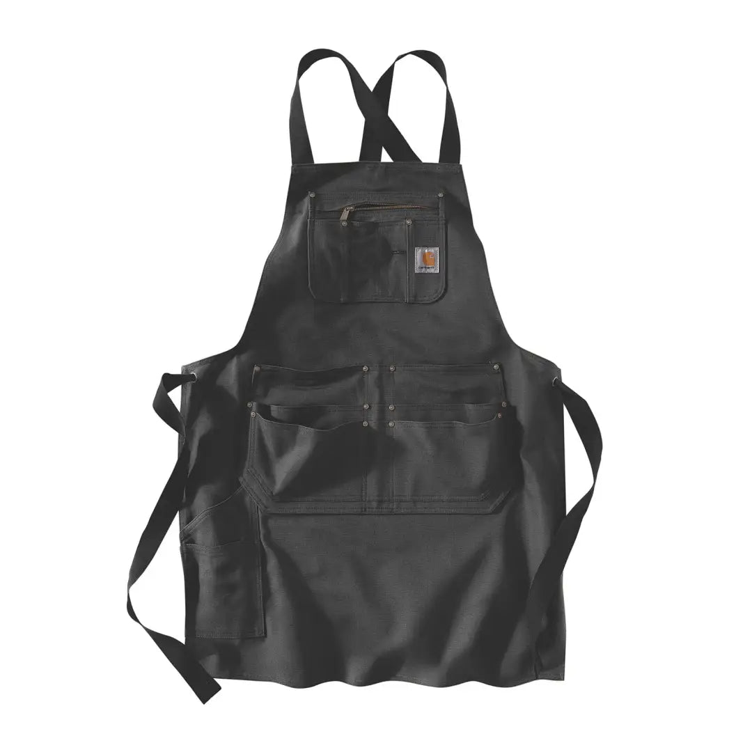 Black canvas apron with pockets from Carhartt Firm Duck, perfect for country clothing and outdoor chores
