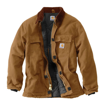 Cozy Carhartt Firm Duck Traditional Coat in brown, fleece-lined for outdoors hunting