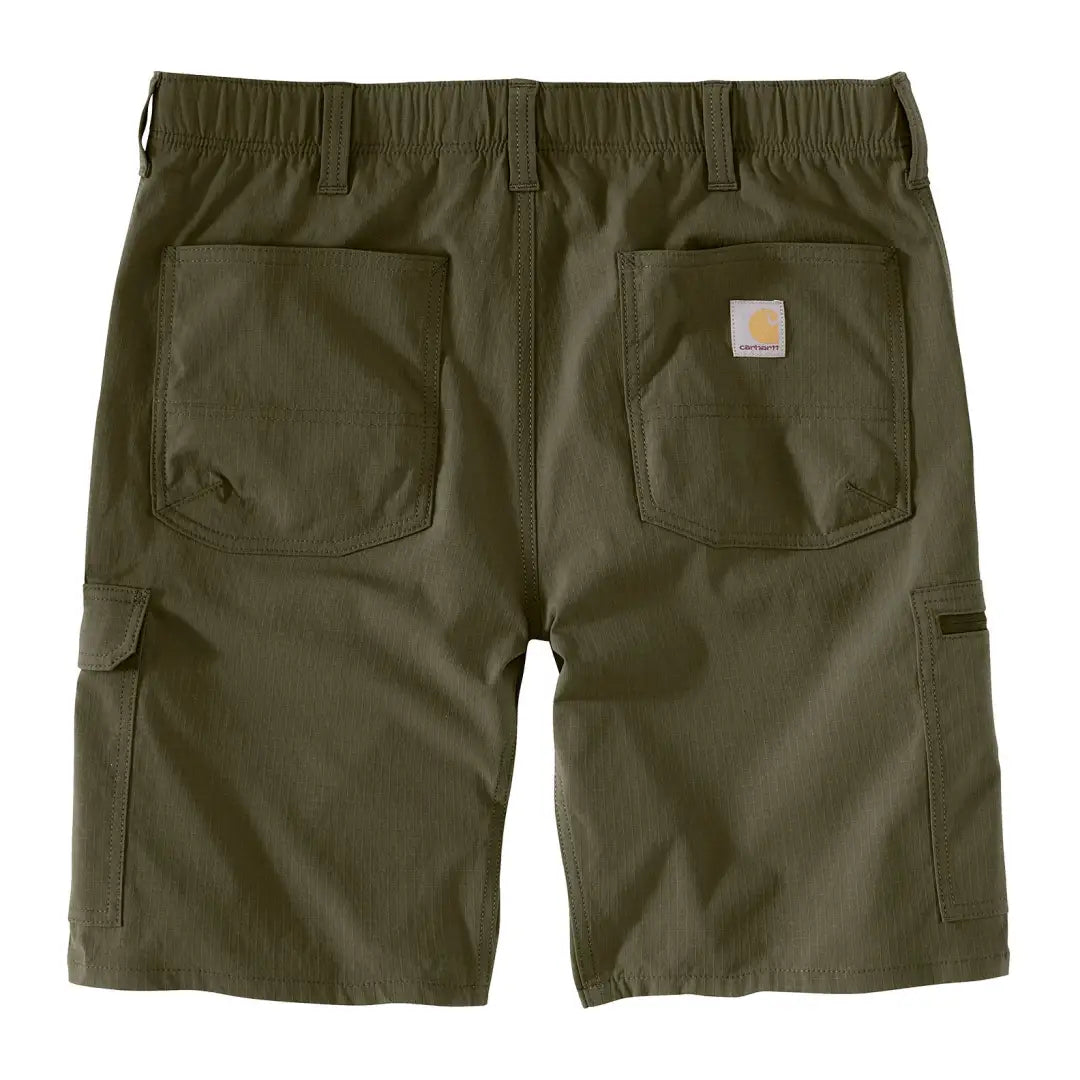 Carhartt Force olive green 10-inch ripstop cargo shorts with logo patch