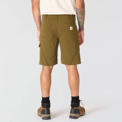 Carhartt Force 10-inch ripstop cargo shorts in olive green with pockets and logo