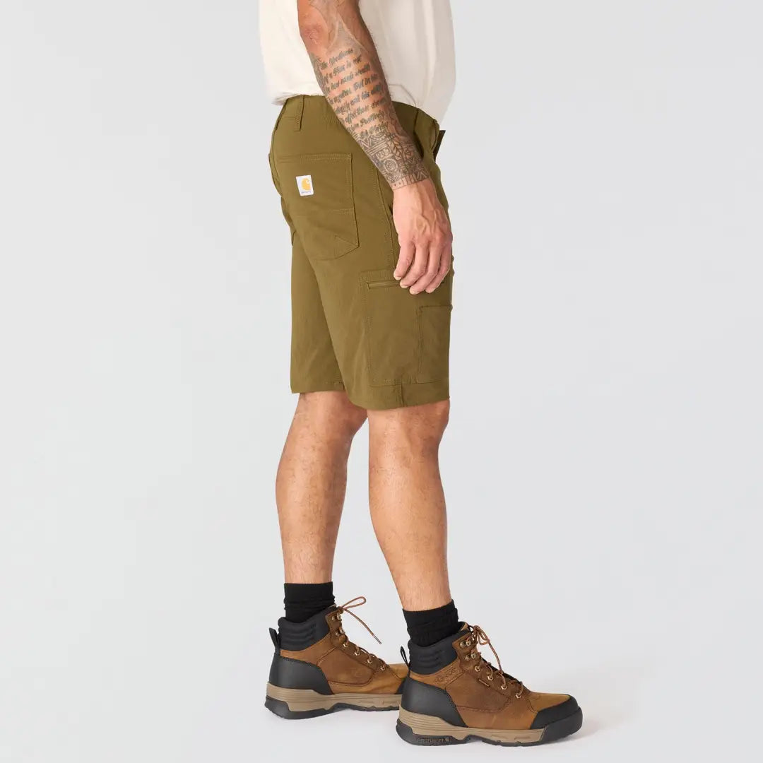 Carhartt Force olive green cargo shorts with pockets and yellow logo