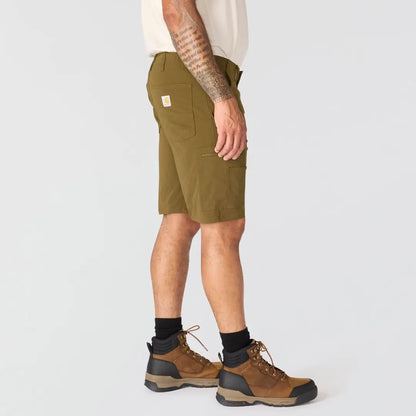 Carhartt Force olive green cargo shorts with pockets and yellow logo