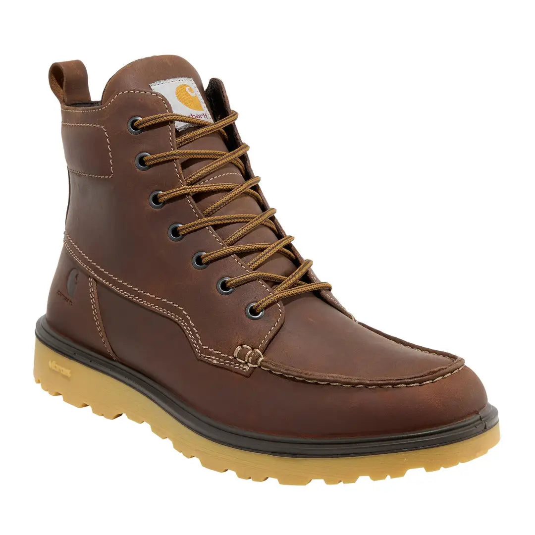 Brown leather work boot from Carhartt Greenfields Rugged Flex series for tough jobs