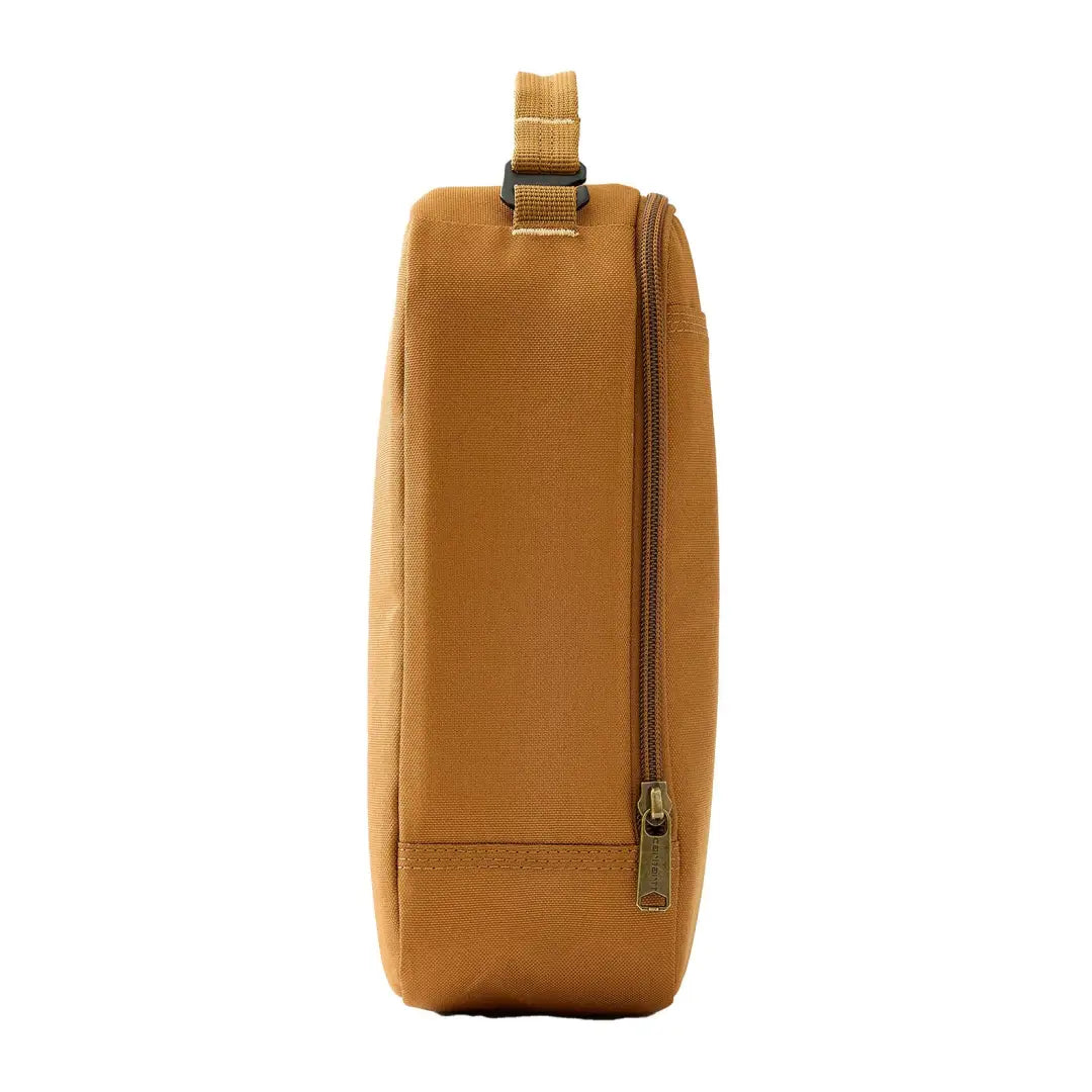 Carhartt insulated lunch cooler with tan leather bag and gold zipper