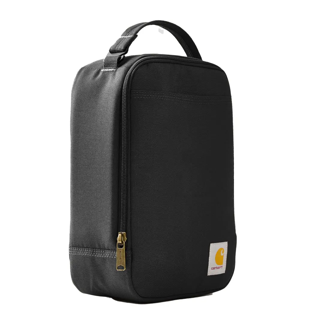 Black Carhartt insulated lunch cooler bag with gold zipper and handle