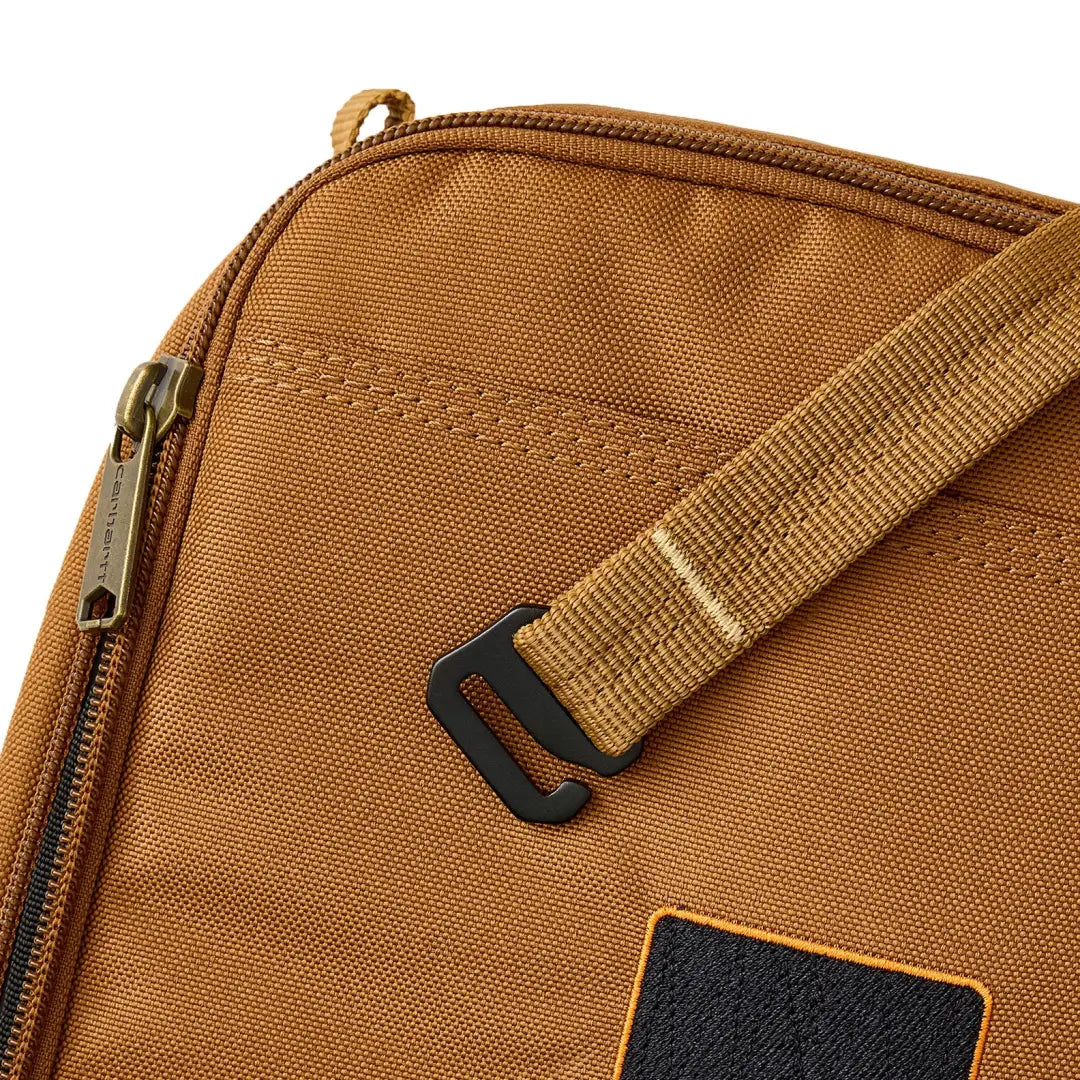 Brown Carhartt insulated lunch cooler bag with black zipper and nylon handle