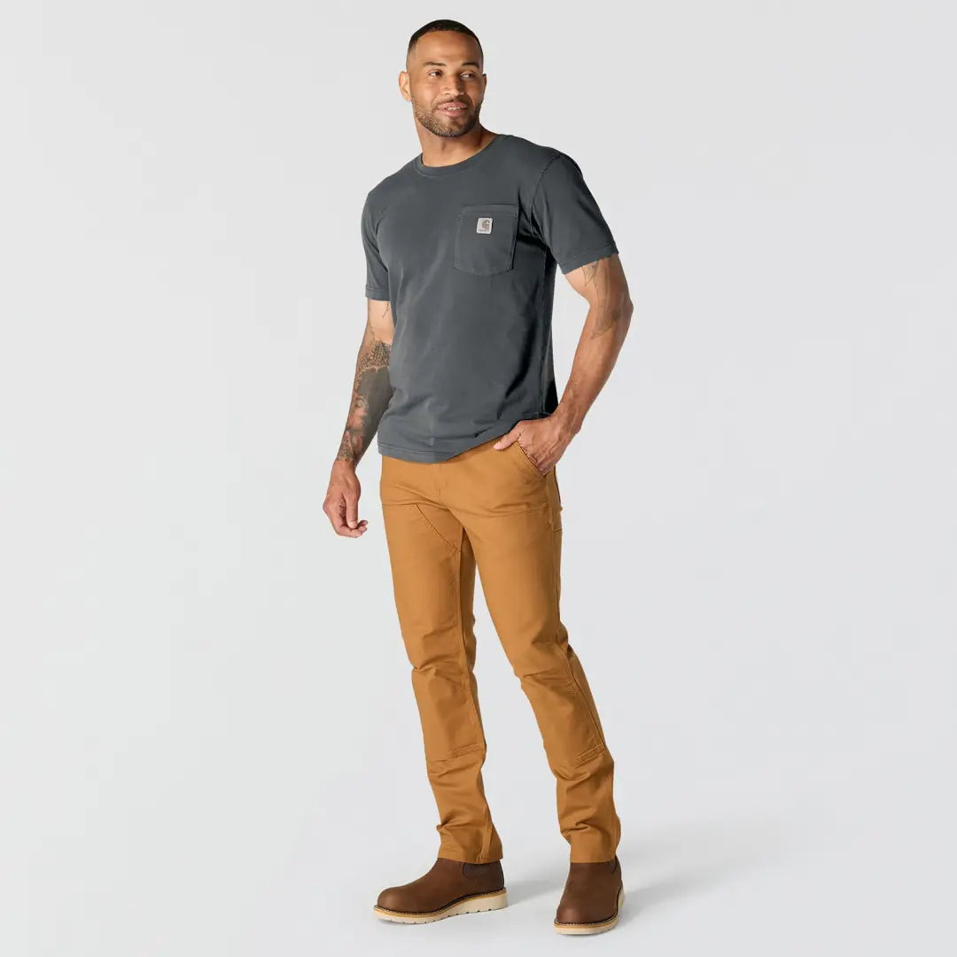 Dark gray Carhartt Irvine relaxed t-shirt with logo pocket for outdoors
