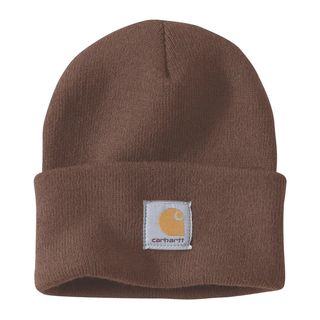 Brown Carhartt cuffed beanie with white logo patch for country clothing hunting