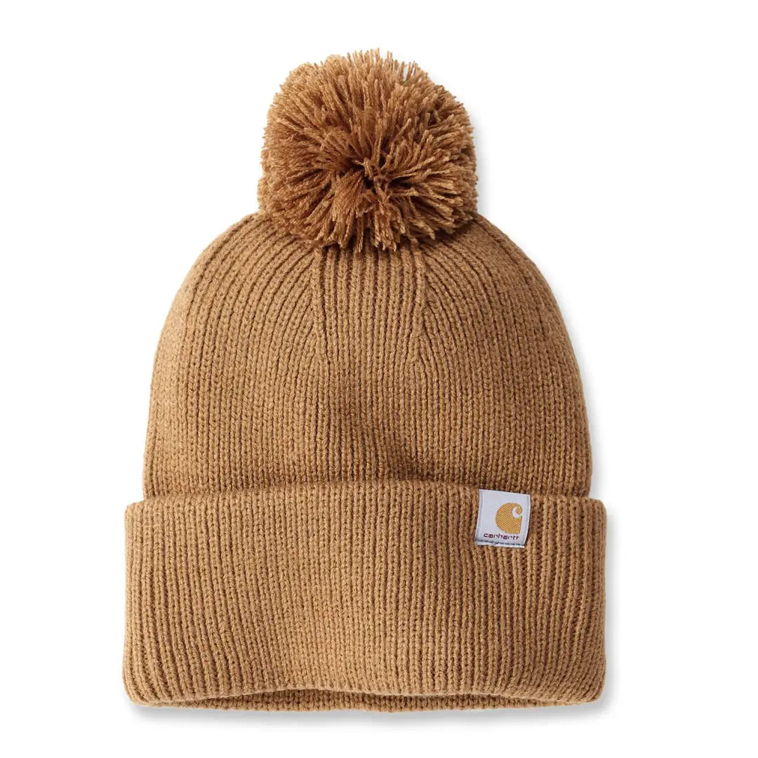 Carhartt tan knit cuffed logo beanie with pom-pom