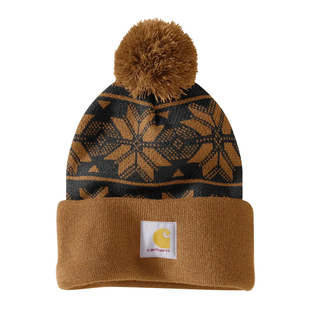 Carhartt knit pom jacquard beanie in brown black snowflake with pom-pom