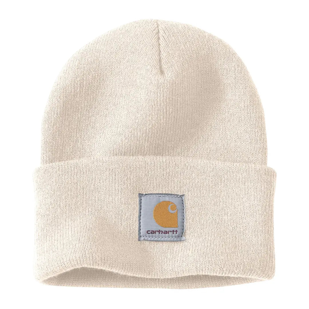 Off-white Carhartt knit beanie with logo, perfect for country clothing and outdoors