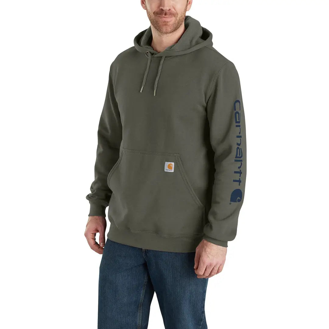 Olive green Carhartt loose fit hoodie with logo sleeve, perfect for country clothing or hunting