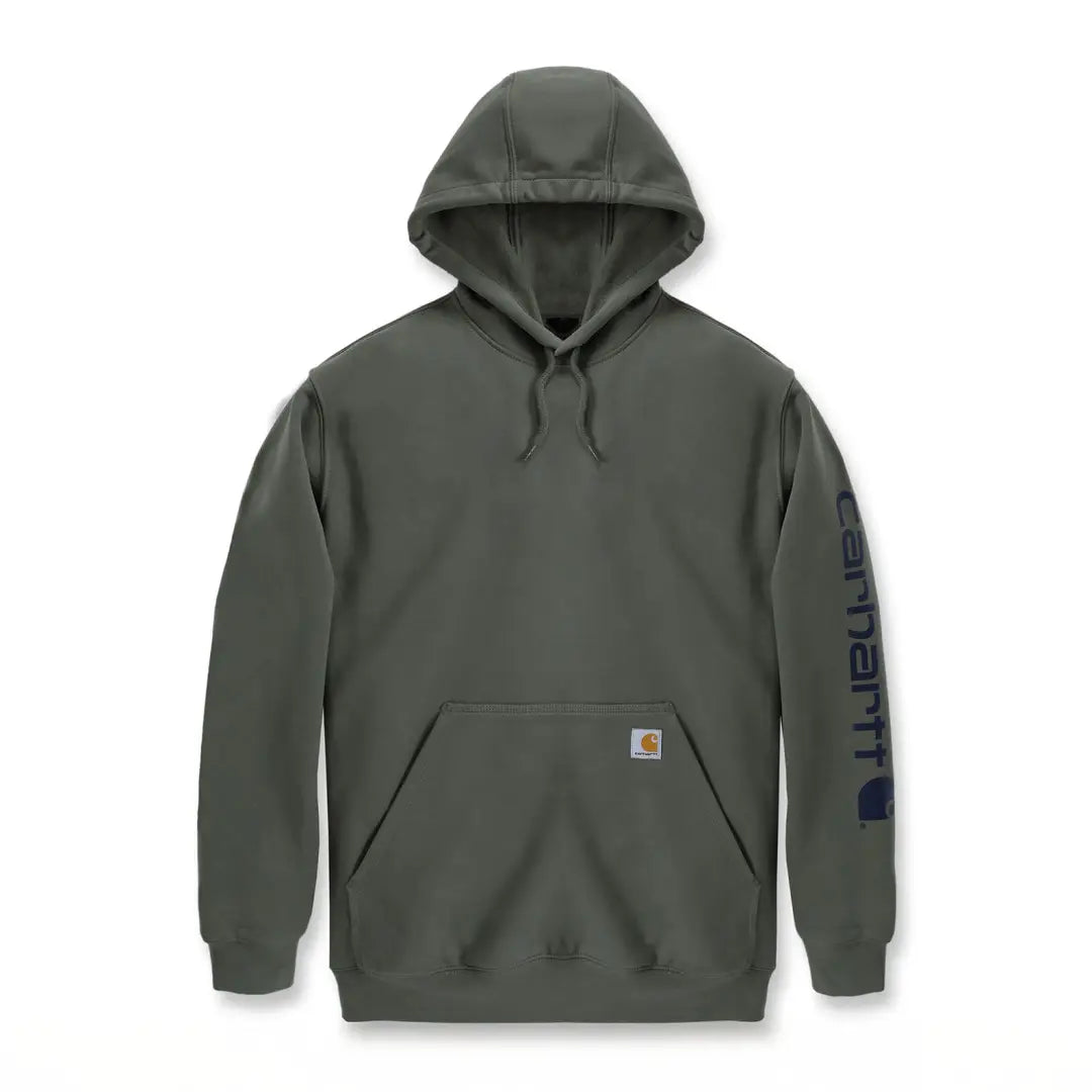 Olive green loose fit hoodie from Carhartt with country clothing vibe and logo graphic