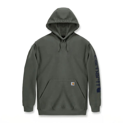 Olive green loose fit hoodie from Carhartt with country clothing vibe and logo graphic