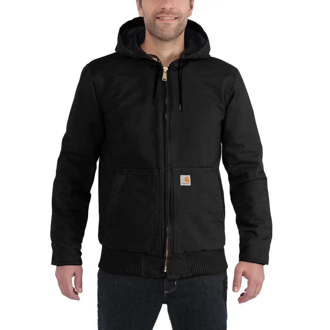 Black hooded loose fit work jacket from Carhartt, perfect for country clothing and hunting