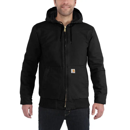 Black hooded loose fit work jacket from Carhartt, perfect for country clothing and hunting