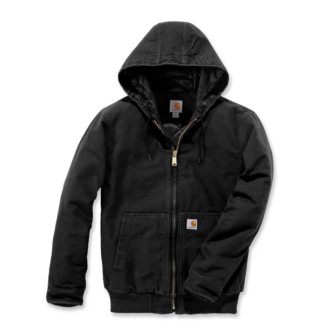 Black hooded Carhartt jacket loose fit for country clothing and hunting trips