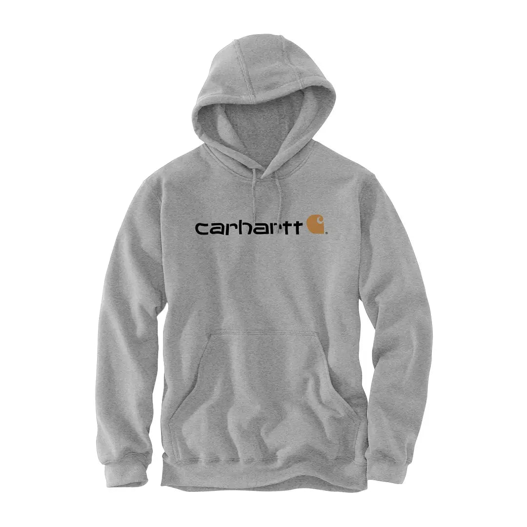 Gray Carhartt hoodie with black orange logo, loose fit country clothing